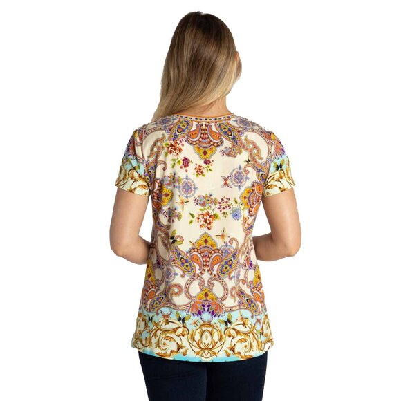 Johnny Was Janie Favorite Scroll Tee Short Sleeve V Neck Shirt White Gold Top NW - Picture 3 of 10